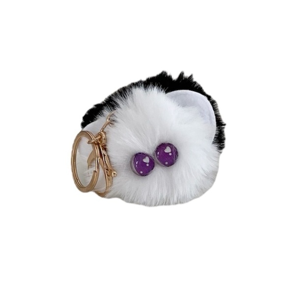 Black & White Character Fluffy Pom Pom Keychain Accessory with Purple Heart Eyes - Picture 3 of 12